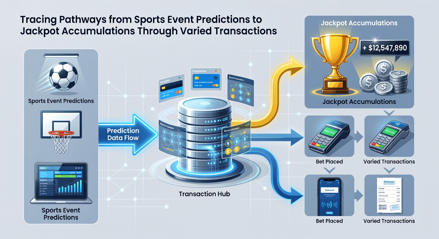 Netzwerkdiagramm mit Pfeilen von Sportwetten zu mobilen Transaktionen und Jackpot-Pools